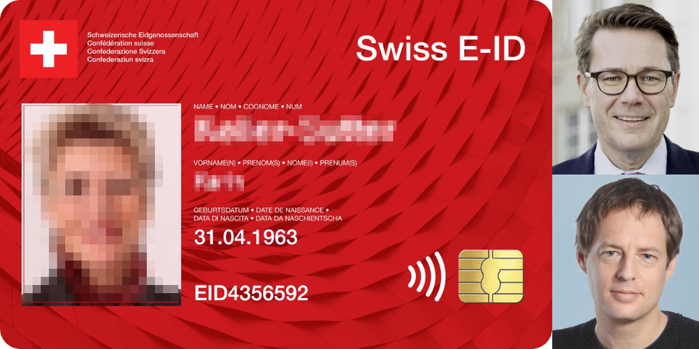 Die E-ID (Bild: fiktives anonymisiertes Muster) wird von Beni Würth (r.o.) befürwortet , von Ivo Kuster (r.u.) abgelehnt.