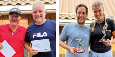 Links im Bild: Die Finalisten der Kategorie R7–R9: Urs Keller und Sieger Stefan Kumschik (r.). Rechts im Bild: Herrensieger Michael Börsig und Damensiegerin Laurina Haag.