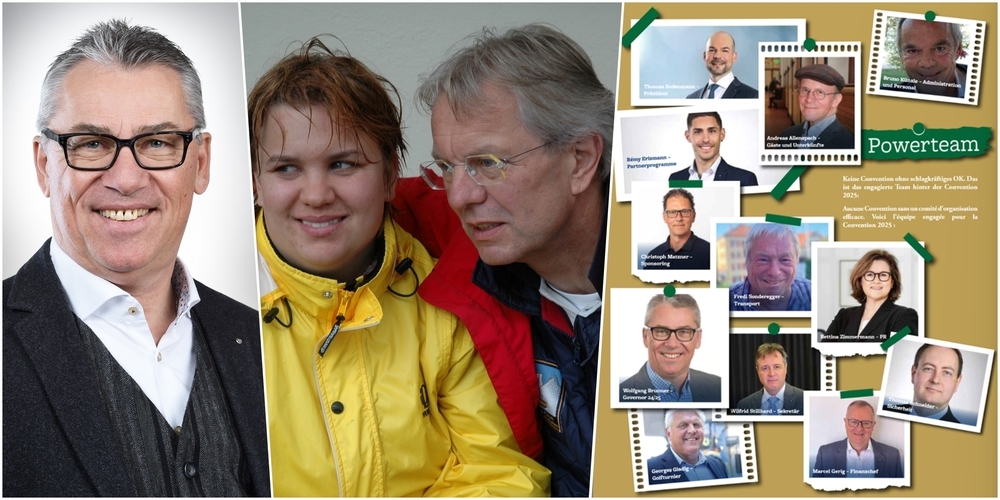 Der aktuelle Governor Wolfgang Brunner (l.) vom Kiwanis Club St. Gallen Notker übergibt den Stab an seinen Nachfolger. Der Kiwanis-Preis 2025 wird Kurt Hartmeier (m.,r.) verliehen, der 2015 das Special Curling aufgebaut hat. Links: Das OK der diesjährigen Kiwanis Convention.
