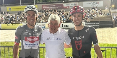 Wisel Iten mit Silvan Dillier und Fabian Lienhard  (v.l) auf der Offenen Rennbahn in Oerlikon.