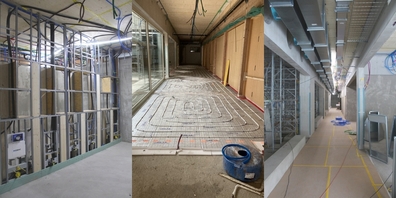 Impressionen vom Innenausbau (v.l.n.r.): Sanitär, Bodenheizung im Korridor und Lüftungsbau.