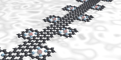 Ein Graphen-Nanoband verbindet die Porphyrin-Moleküle, jedes davon mit einem Metallzentrum (rot), wie eine molekulare Lichterkette. Die Metallatome werden von vier Stickstoffatomen (blau) in der Mitte des Porphyrins gehalten. 