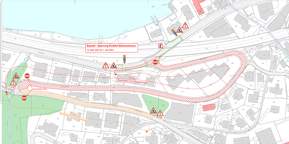 Der untere Teil der Bächerstrasse wird ab 15. März erneuert. Dies führt zu temporären Einschränkungen. So wird zwischen 15. März und  1. April die Einfahrt von der Seestrasse in die Bächerstrasse nicht möglich sein. 