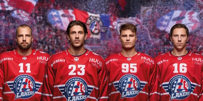 Bilden das neue Captain-Team der Lakers: (v.l.n.r.) Assistent Fabian Maier, Captain Nico Dünner, Assistenten Tyler Moy und Tanner Fritz.