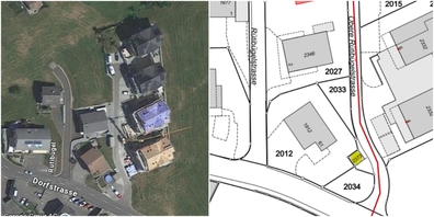 Zur Oberen Rütibügelstrasse gehört auch Gebäude Nr. 2373 (rechts, gelb markiert), in welchem Abfallcontainer eingelagert werden.,