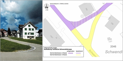Foto vom 27. August 2025 (l.). Aufhebung Teilfläche Schwendistrasse (r.).