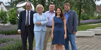 Ein Bild, das bald der Vergangenheit angehört - Gemeindepräsidentin Edith Zuber tritt zurück. v.l.n.r.: Philipp Flach (Vorsteher Raum Umwelt & Verkehr / SP), Edith Zuber (Gemeindepräsidentin / SVP), Roger Würsch (Vorsteher Gesundheit & Soziales / BVD), Cristina Cortellini (Vorsteherin Infrastruktur & Unterhalt / BVD, glp), Marc Schüpbach (Vorsteher Finanzen & Sicherheit / FDP)