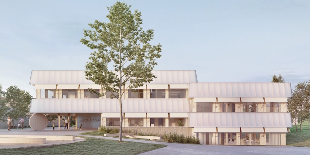 Visualisierung des Projekts «ARNIKA» für den Kindergarten-Neubau Kirchacker in Eschenbach. Dieser soll aufgestockt werden.