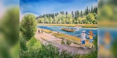 Linthfähre als Inspiration: Acryl-Bild «Überraschung am Linthkanal» von Therese Kaufmann, Bubikon.