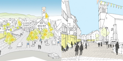 Zwei Visualisierungen der flankierenden Massnahmen im Uzner Zentrum.