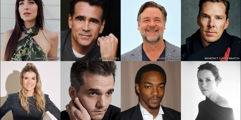 Am ZFF werden bekannte Leinwandstars erwartet: Dakota Johnson, Colin Farrell, Russell Crowe, Benedict Cumberbatch (obere Reihe v.l.n.r.). Anke Engelke, Wagner Moura, Anthony Mackie, Claire Foy (untere Reihe, v.l.n.r.).