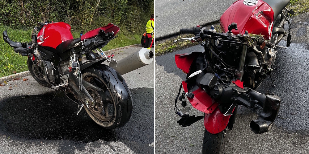 Beim Überholen eines Autos geriet der Lenker dieses Motorrades in der Linkskurve zu weit nach links, rutschte weg und prallte in einen Randstein.
