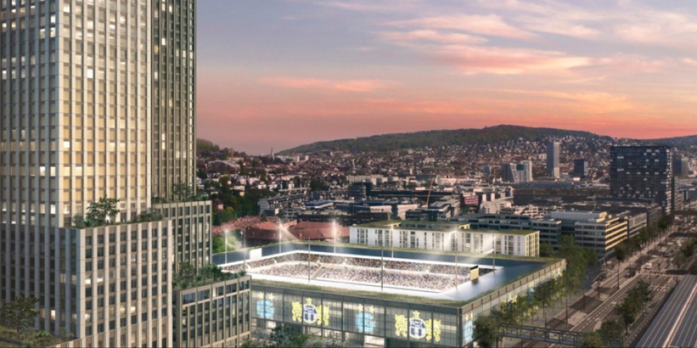 Visualisierung des geplanten Stadions mit Wohn- und Gewerberäumen.