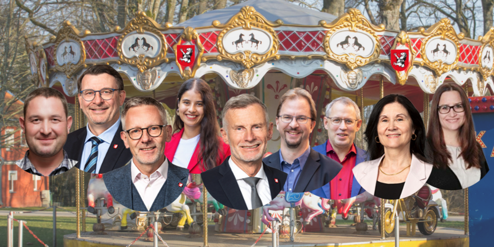Das Kandidaten-Karrussell beginnt sich zu drehen: v.l.n.r.: Richi Frischknecht, SVP neu; Roger Isler, bisher, FDP; Mark Weisskirchen, bisher, EVP Stadtpräsidentenkandidat; Diana Diaz, neu, Grüne; Kurt Hottiger, bisher, SVP, Stadtpräsidentenkandiat; Roman Walt, GLP neu; Christoph Fischbach, SP, bisher; Sandra Eberhard SVP neu 
