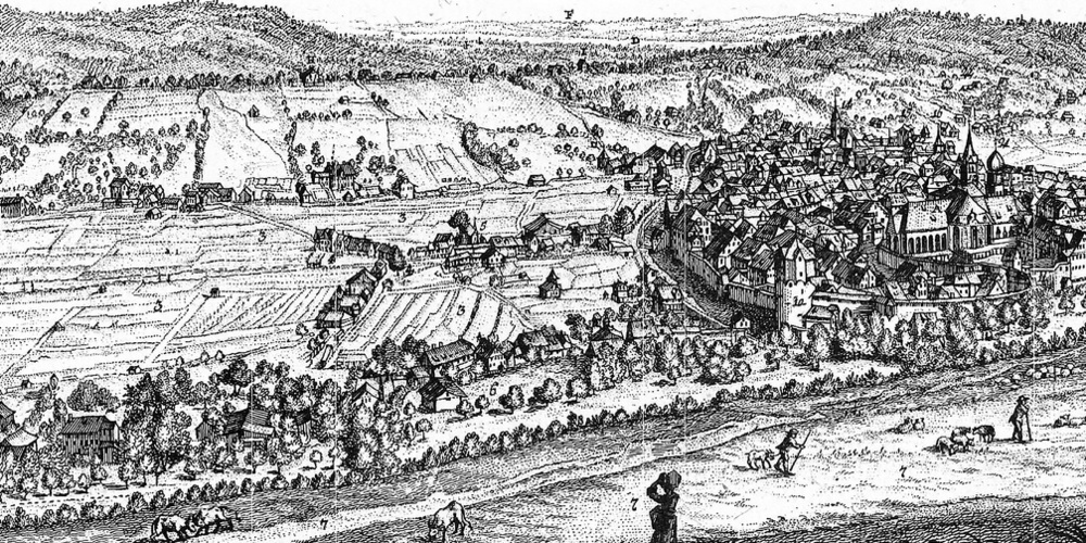 Das Feld in der Bildmitte dieses Kupferstichs von 1761 ist St.Gallenbrunnen, rechts davon steht der «Grüne Turm»
