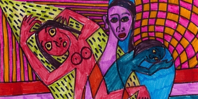 Ohne Titel (Drei weibliche Figuren) 1987, Filzstift auf Papier, 21 x 29.7 cm