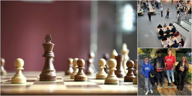 1. Turnier im Rahmen des 22. Zürisee Jugend-Grand-Prix im Einkaufszentrum Sonnenhof (o.r.) und die Teilnehmerin und Teilnehmer vom Schachklub Rapperswil-Jona (u.r.).