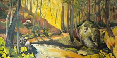Fünf Ausstellende zeigen ihre Werke, unter anderem Aquarelle, Öl-, Acryl- und reliefartige Bilder, Cyanotypien und Cartoons.