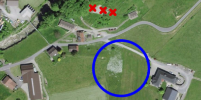 Parzelle Nr. 414 ist der geplante Standort der Intensivlandwirtschaftszone (blau). Auf Parzelle Nr. 410 sind veraltete Ställe abzureissen (rot).