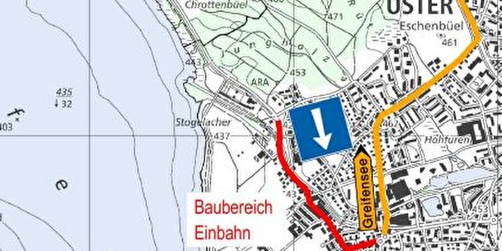 Einbahnverkehr auf der Seestrasse; Busse in beide Richtungen, Velos und Fussgänger umgeleitet.