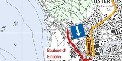 Einbahnverkehr auf der Seestrasse; Busse in beide Richtungen, Velos und Fussgänger umgeleitet.