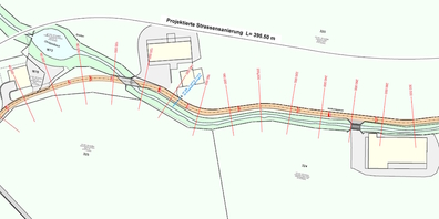 Kartenausschnitt zur projektierten Strassensanierung der Wolfschlaggasse in Schänis.