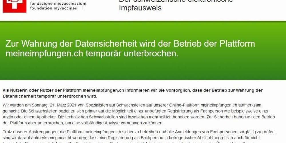 Die Webseite der elektronischen Impfplattform meineimpfungen.ch ist weiterhin offline.