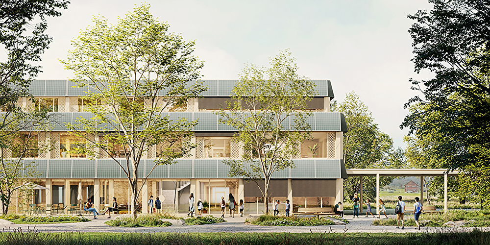 Die Visualisierung zeigt den Blick auf die Südfassade des geplanten Gebäudes.
