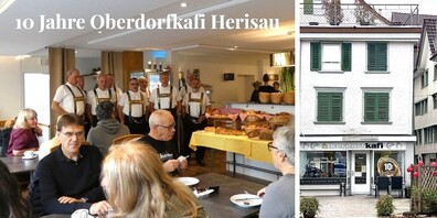 Links: Das Chörli «Dross ond Dree» überraschte die Gäste mit Liedern und Zäuerli. Rechts: das Oberdorfkafi im Herzen von Herisau.