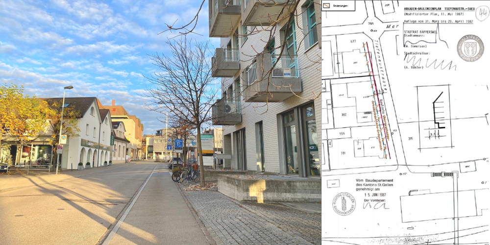 Der Baulinienplan (r.) steht der aktuellen und geplanten Situation auf der südlichen Tiefenaustrasse entgegen.