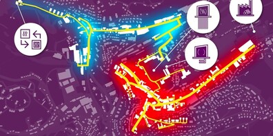 Links oben: Wärmeauskopplung ARA Bachwis, Mitte: Erdsondenfeld und Wärmepumpenzentrale Ebnet.   Rechts oben: Holzheizkraftwerk Kreckel