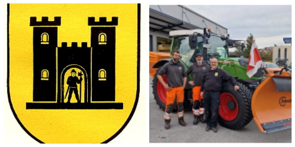 v.l.n.r. Werkhofmitarbeiter Marcel Widmer und Peter Wirth, Gemein-deratsmitglied Andreas Rütsche vor dem Kommunaltraktor