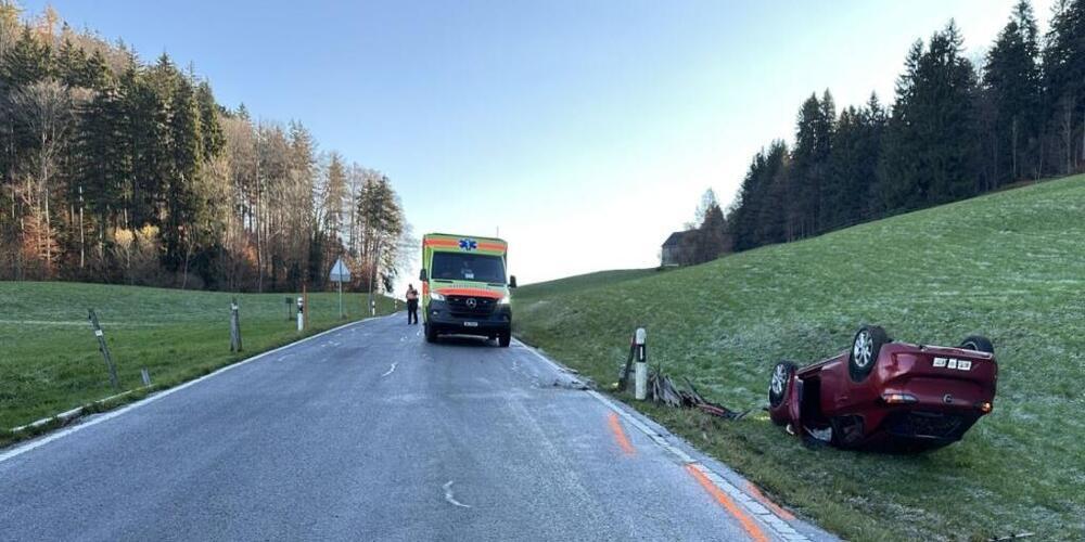 Beide Fahrzeuginsassen konnten das auf dem Dach liegende Auto selbstständig verlassen.