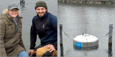 Das Winzerpaar Chantal und Robert Irsslinger. Rechts: ihr «Wellentänzer» im Tank. Der Wein bleibt nun bis im Januar im See.
