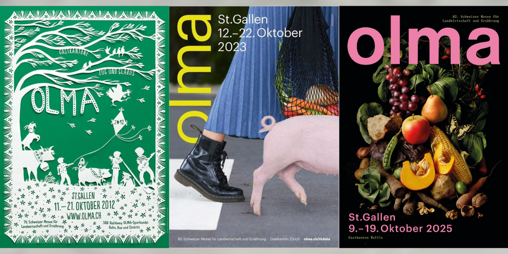 Sujets von Olma-Plakaten der Jahre 2012, 2023 und 2025.