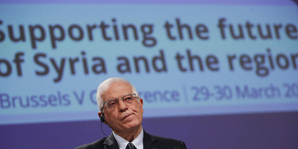 Josep Borrell, Hoher Vertreter der Union für Außen- und Sicherheitspolitik, nimmt an einer gemeinsamen Online-Pressekonferenz mit dem Untergeneralsekretär der UN für humanitäre Angelegenheiten und Nothilfekoordination, Lowcock, nach einer Konferen...