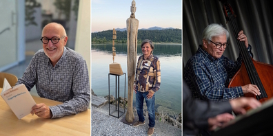 Schänner Kulturschaffende zu Gast in der March: (v.l.n.r.) Autor Fritz Schoch, Skulpturist Paul Steiner und Kontrabassist August Swerissen.