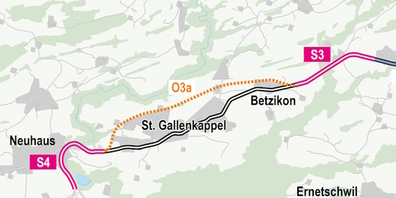 Mit der geplanten Tunnelumfahrung für Betzikon und St.Gallenkappel als Teilprojekt (O3a, orange) sieht die Mitte ihre Petition «Tunnel jetzt» von 2025 erfüllt.