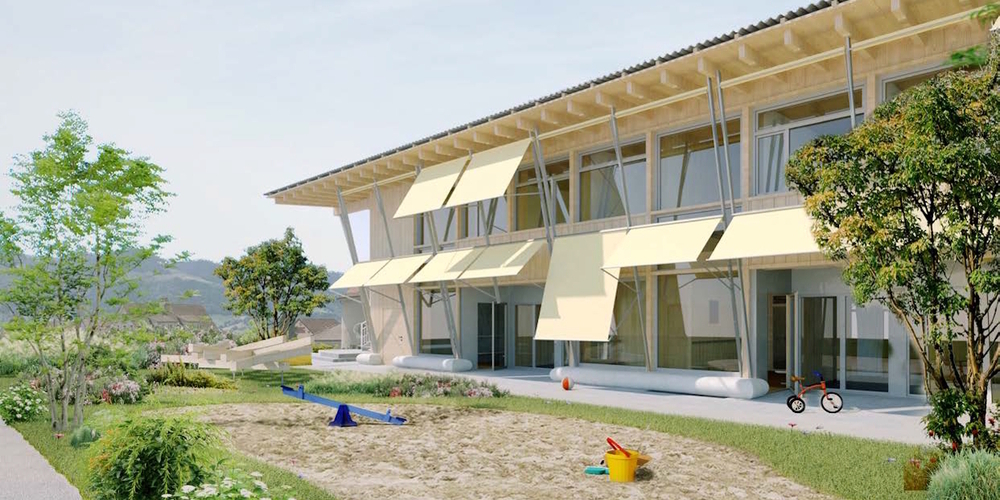 Visualisierung der als Holzbau geplanten Schulraumerweiterung des Siegerprojekts «Zaunkönig» des Architekturbüros «studio birk ag».