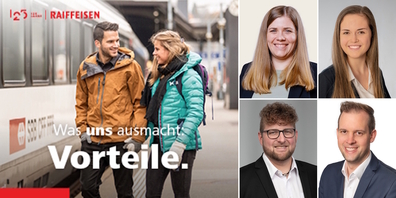 Ihre lokalen Expertinnen und Experten beraten Sie kompetent und ganzheitlich: Denise Krieg (Raiffeisenbank Rapperswil-Jona), Timon Vauthey (Raiffeisenbank am Ricken), Svenja Böni (Raiffeisenbank Schänis-Amden) und Fabian Fässler (Raiffeisenbank Benken).