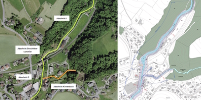 Planabschnitte der Gewässerraumausscheidung (l.) bei Dorfbach (gelbgrün) und Kirnenbach (orange). Ausschnitt Sondernutzungsplan (r.).