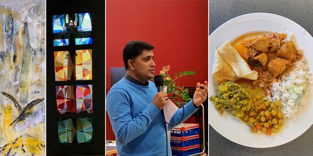 (v.l.) Schmerkner Kunst mit Anita Guggisbergs Adler und Melanie Kusters Glasfenster, Kaplan Sabu Purayidathil und sein heimatliches indisches Gericht.