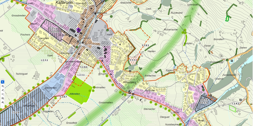 Kartenausschnitt zur Präzisierung der Intensivlandwirtschaftszone «Huob» (L. 1.4.1., hellgrün umrahmt, rechts unten) im Kaltbrunner Richtplan.