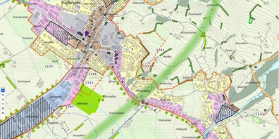 Kartenausschnitt zur Präzisierung der Intensivlandwirtschaftszone «Huob» (L. 1.4.1., hellgrün umrahmt, rechts unten) im Kaltbrunner Richtplan.