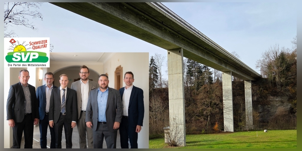 Die Kantonsräte der SVP Toggenburg (v.l.n.r: Fredy Louis, Bruno Schweizer, Lukas Huber, Christian Vogel, Mirco Gerig, Ivan Louis) fordern, dass die Letzibrücke zwischen Lütisburg und Ganterschwil zeitgleich mit dem Hangrutsch Letzistrasse im Frühsommer 2027 fertiggestellt wird.