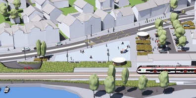 Ein Komitee will das Generationenprojekt für den Schmerkner Dorf- und Bahnhofplatz kosteneffizient und zeitnah realisieren. (Visualisierung)