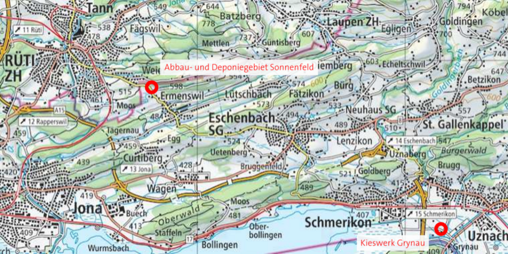 Übersicht. (Karte aus dem Dokument Abbau- und Deponieplanung Sonnenfeld,  Ermenswil)