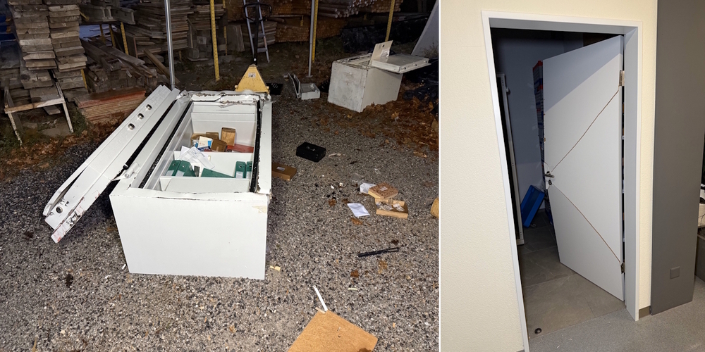 Mittels Trennscheibe aufgeschnittener teils mannshohe Tresore auf dem Firmengelände und mit Werkzeug aufgewuchtete Tür (r.) im Firmengebäude.
