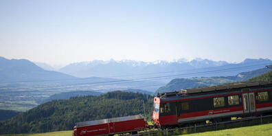 Ein Zug der Appenzeller Bahnen verkehrt auf der Linie zwischen Gais AR und Altstätten SG.