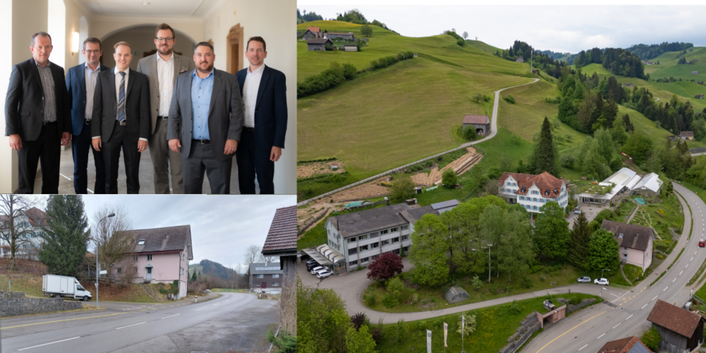 Bilder:  - der Asylunterkunft Auboden (am rechten Bildrand die Häuser der direktbetroffenen Anwohner). - der 6 Toggenburger SVP-Kantonsräte (v.l.n.r: Fredy Louis, Bruno Schweizer, Lukas Huber, Christian Vogel, Mirco Gerig, Ivan Louis). - eines Zügelwagens im Auboden, Aufnahme vom 11.12.2025